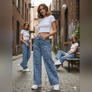 Forever 21 Blue Patterned Flare & Wide Leg Women's Jeans